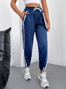 EURMUSE Striped Side Drawstring Waist Sweatpants - Navy Blue - View 6