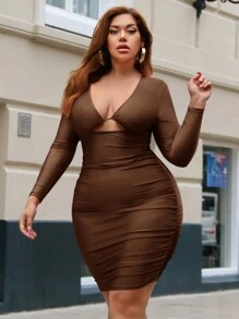 SHEIN SXY Plus Size Solid Color Hollow Out Bodycon Dress - Brown - View 5