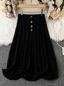 SHEIN Clasi Solid Color Pleated Buttoned Skirt - Black - View 1