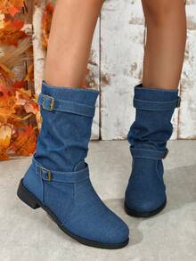 女性優雅&簡約風西方風格靴子,舒服的&時尚女牛仔靴,小腿中部長度 - 藍色 - 查看 6