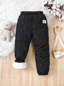 SHEIN 女小童字母補丁細節保暖長褲 - 黑色 - 查看 1