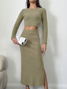 RueChic Ribbed Crop Top And Side Split Skirt Set - Green - View 1
