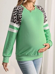 SHEIN Maternity Leopard Pattern Raglan Sleeve Striped Pullover Sweatshirt, For Winter