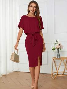 SHEIN Clasi 净色蝙蝠袖系带开衩连衣裙 - 酒紅色 - 查看 5