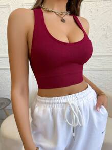 瑜伽纯色罗纹交叉设计无钢圈文胸 - 酒紅色 - 查看 2