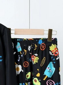 SHEIN Cậu bé Tween Giải trí Vòng cổ Mô hình Áo thun Và Dài Quần Vừa Khít Trang phục mặc nhà Bộ - màu đen - Xem 6