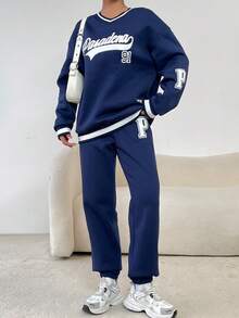 SHEIN Unity 女士休閒色彩對比字母印花連帽衫和長褲套裝，適用於秋冬季 - 藏蓝色 - 查看 6