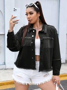 SHEIN ICON Plus Size Women's Denim Jacket With Fringe Hem - Black - View 5
