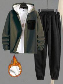 Manfinity Homme Nam Lông cừu áo có mũ Áo khoác Và Eo dây rút Quần Bộ - màu xanh lá - Xem 1