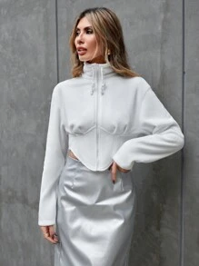 SHEIN Essnce 纯色不对称下摆拉链前短款上衣 - 白色 - 查看 4