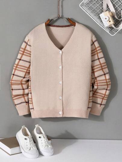 Teenagers' Casual Plaid Print Cardigan