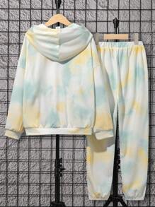 SHEIN 男孩休閒連帽運動衫和褲子針織兩件套,帶有字母和紮染印花圖案 - 彩色 - 查看 2