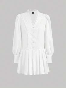SHEIN MOD Contrast Lace Pleated Hem Dress - White - View 1