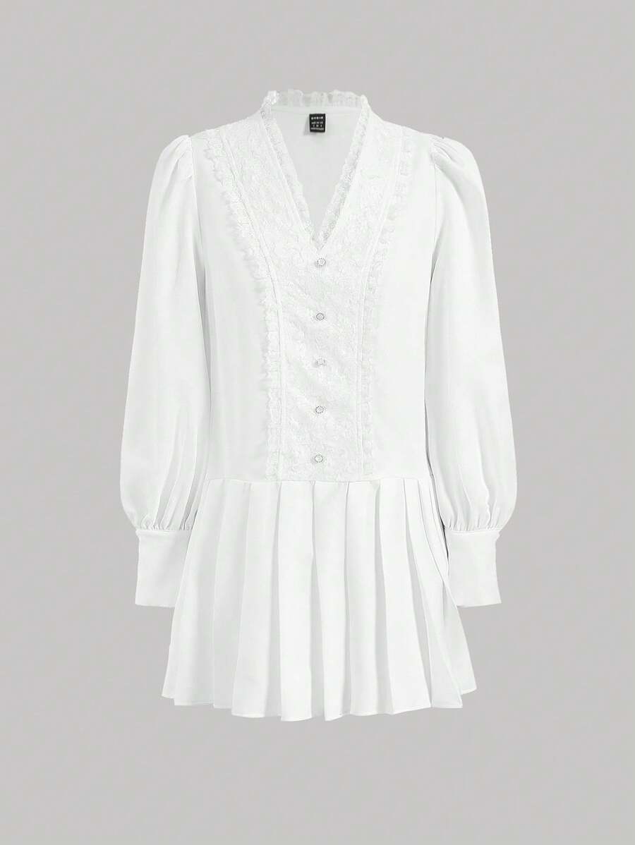 SHEIN MOD Contrast Lace Pleated Hem Dress - White - View 1
