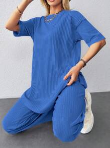 EURMUSE Cutout Ribbed Top And Split Hem Pants Set - Blue - View 5