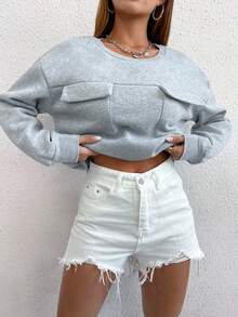 SHEIN Unity Casual Solid Color Sweatshirt With Chest Pocket And Shoulder Zipper Detail - Light Grey - View 4