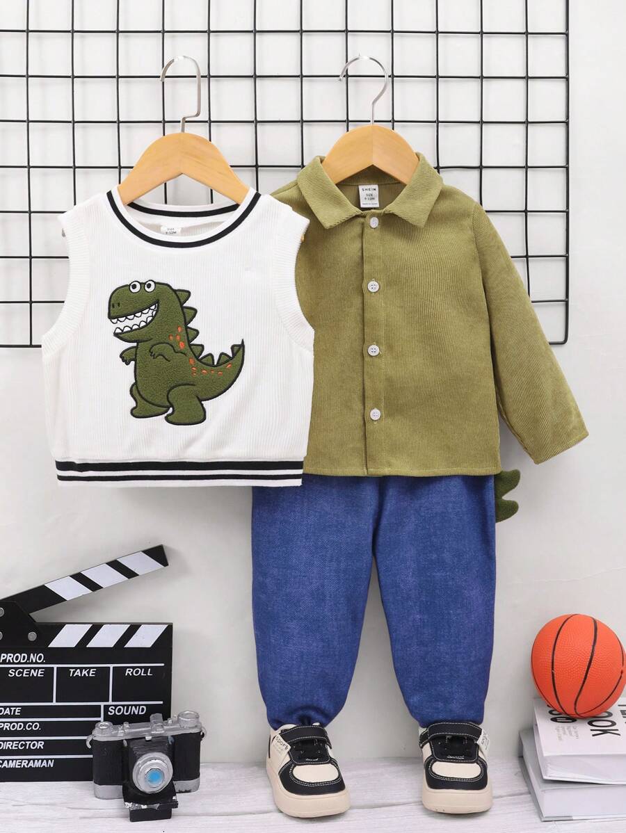 SHEIN 3-teiliges Set Aus Weste Mit Dinosaurier-aufdruck, Grünem Langarmshirt Und Jeanshose Für Kleinkinder Und Jungen - Verschiedenfarbig - Übersicht 1