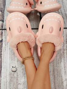 男女可拆卸鲨鱼拖鞋，软底，防滑，保暖内衬，适合秋冬季 - 粉色 - 查看 4