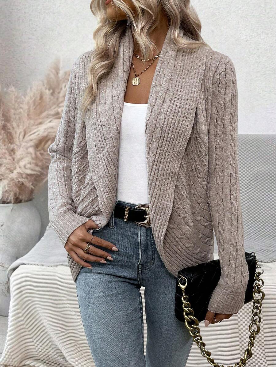 SHEIN LUNE Women'S Casual Cable Knitted Solid Color Front Open Cardigan Sweater - Apricot - View 1