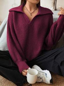 Flirla Suéter De Talla Grande Con Mangas De Linterna Y Cuello Redondo - Burdeos - Ver 6