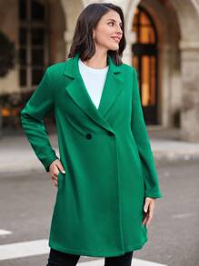 SHEIN Clasi Ladies' Solid-Color Collar Double Breasted Coat - Green - View 6