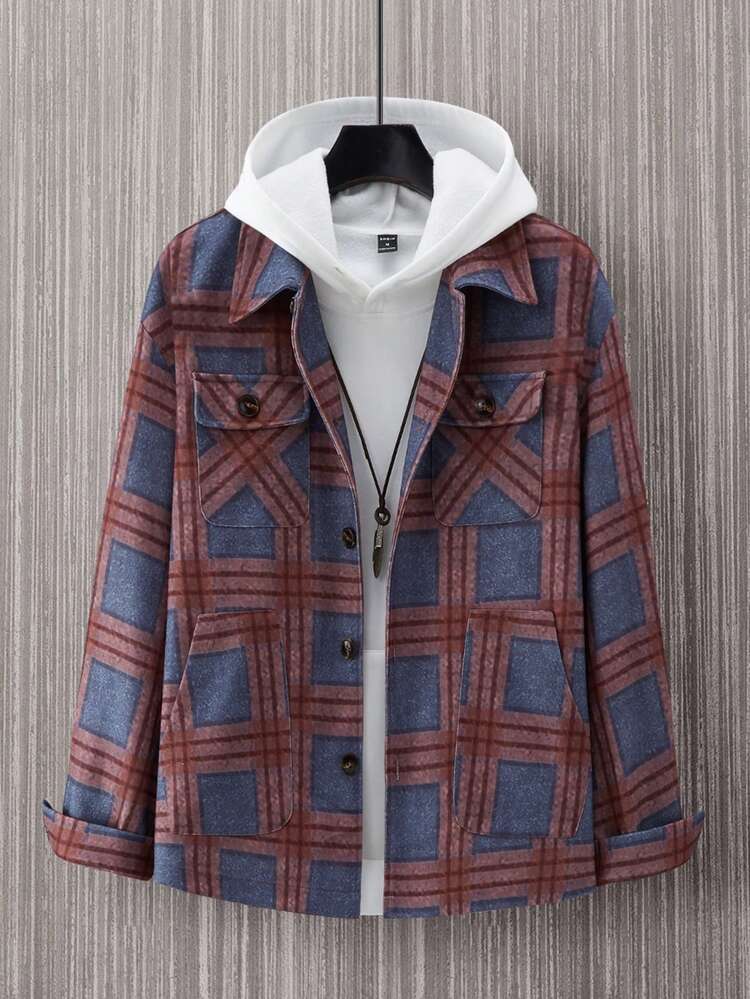 Men's Loose Fit Plaid Button Up Overcoat With Flap Pockets