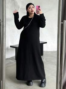 Dazy Petite Plus Màu thuần Vòng cổ Viền chia cắt Đầm Áo len - màu đen - Xem 5
