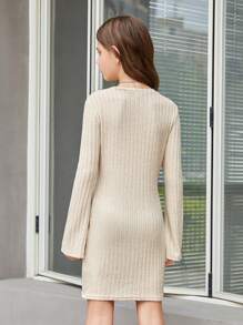 SHEIN Tween Girl Solid Color Flare Sleeves Ribbed Knit Dress, Belt Not Included - Apricot - View 2