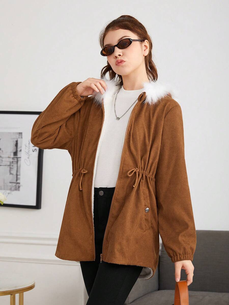 Teen Girls' Hooded Drawstring Waist Casual Jacket - Brown - View 1