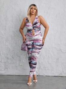 SHEIN SXY 大碼滿版印花鏤空彈力緊身連體褲 - 紫色 - 查看 5