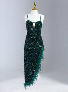 SHEIN Tween 女童亮片和毛茸茸拼布高开叉派对连衣裙，适合生日、派对、宴会、婚礼 - 綠色 - 查看 1