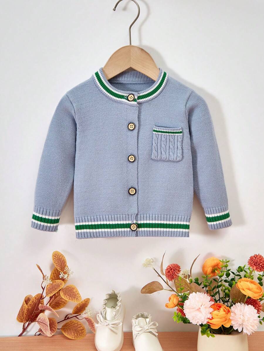 男嬰條紋飾邊口袋貼布開襟衫 - 淺藍色 - 查看 1