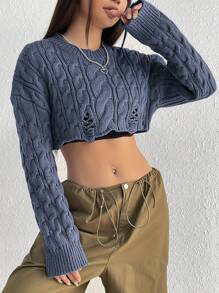 Flirla Short Textured Cable Knit & Drop Shoulder Sweater
