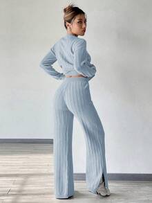 SHEIN Unity Women's Versatile Fashionable Solid Color Ribbed Knit Sweater And Pants Set - Blue - View 2