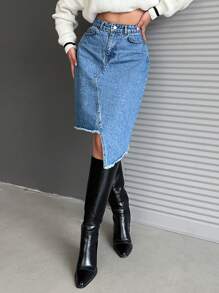 EURMUSE High Waisted Asymmetrical Hem Denim Skirt - Medium Wash - View 5