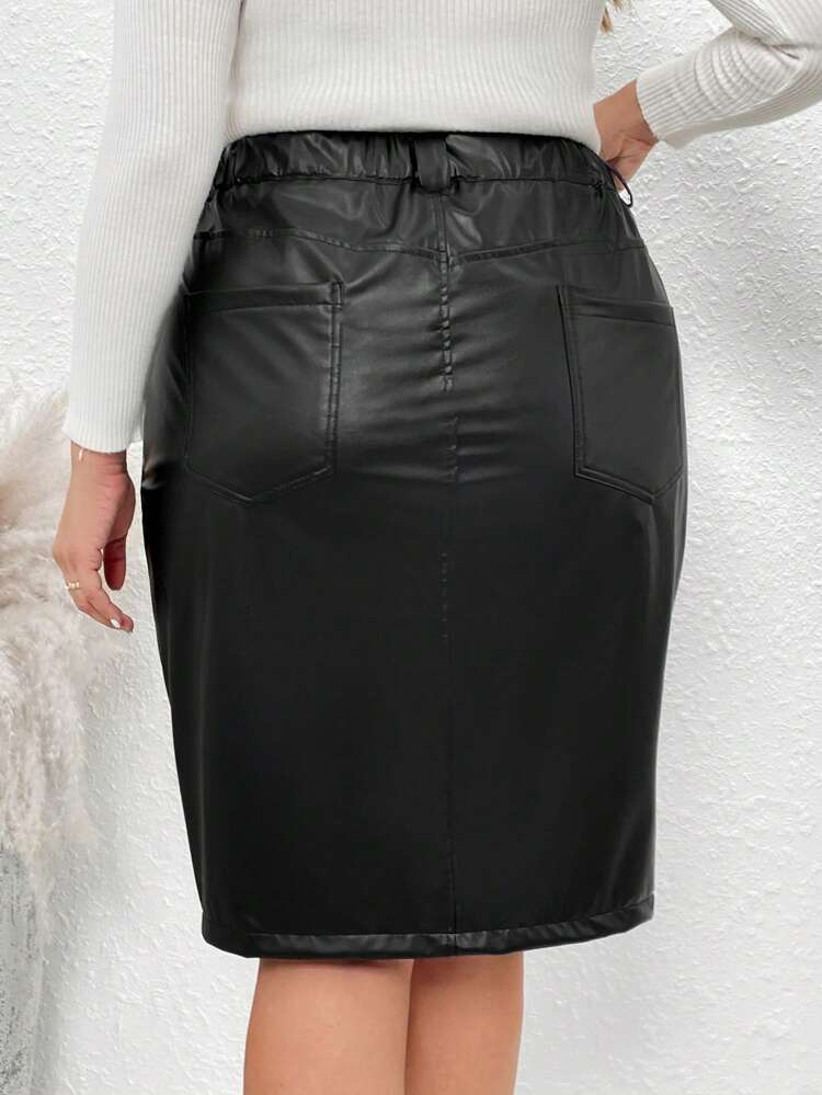 Plus Size Faux Leather Split Hem Skirt