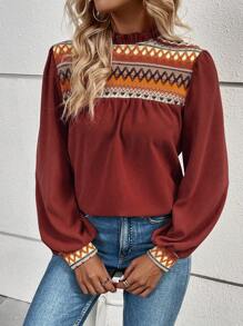 EMERY ROSE Lantern Sleeve Plaid Pattern Shirt - Redwood - View 4