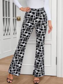 SHEIN Clasi 女士全印花喇叭褲 - 黑與白 - 查看 5