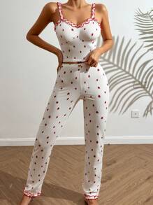 CottageSlumber Strawberry Print Frill Trim Cami Top & Pants PJ Set / Pajama Set White Set Holiday Season - White - View 4