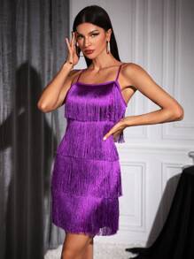 SHEIN Unity Vestido de verano con fleco con tira - Morado - Ver 3