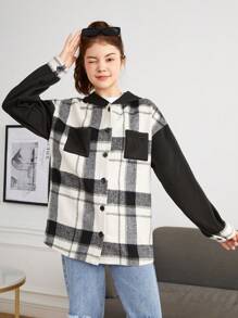 青少年女孩格紋印花落肩袖外套 - 黑色 - 查看 4
