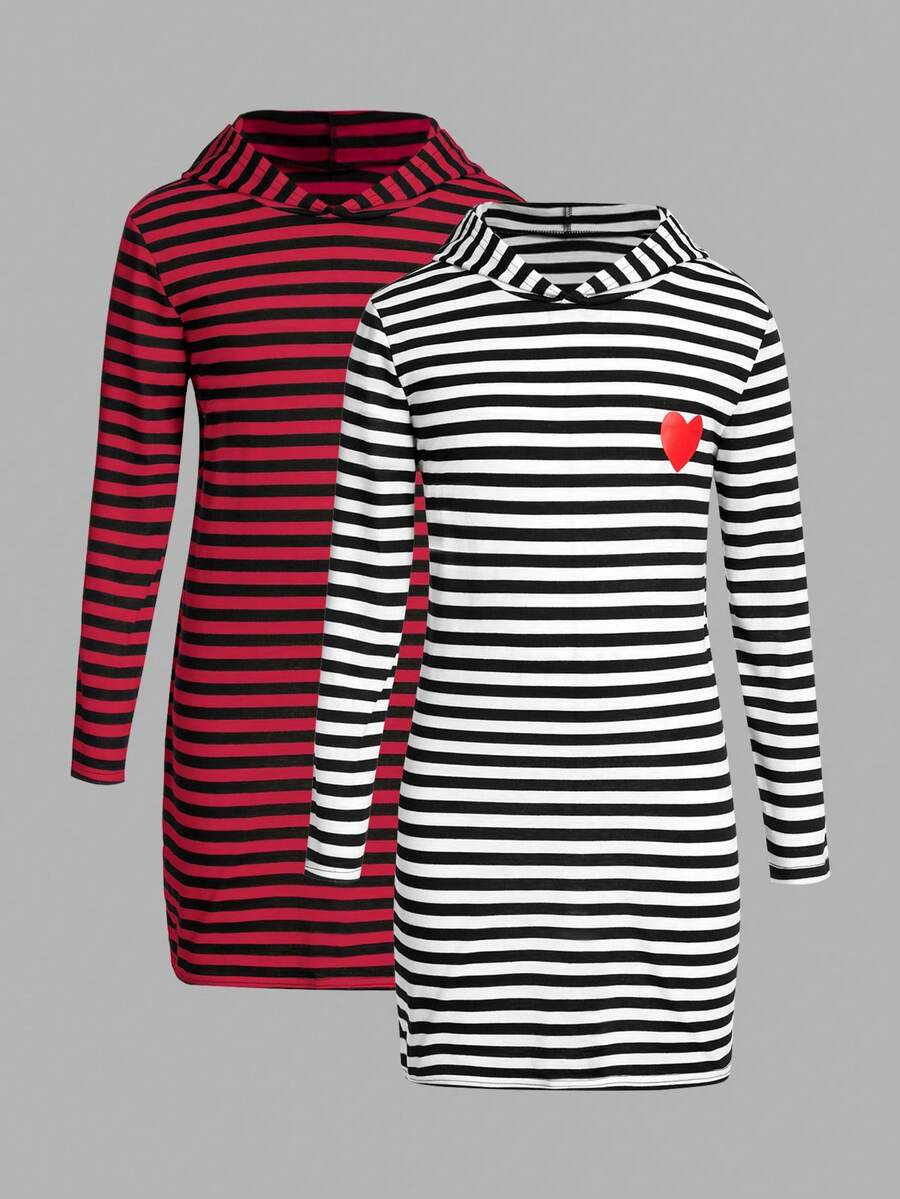 SHEIN 女大童2入組條紋和心形印花連帽洋裝 - 黑色 - 查看 1