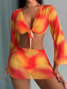 Swim Vcay Summer Beach Tie Dye Knot Front Bikini Set With Cover Up Set - Multicolor - View 8