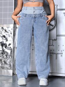 SHEIN ICON Plus Size Dual Waistband Design Denim Jeans - Blue - View 1