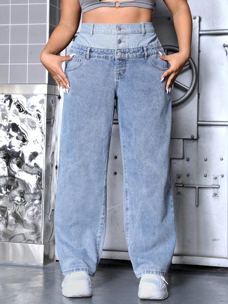 SHEIN ICON Plus Size Dual Waistband Design Denim Jeans - Blue - View 1