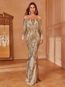 Faeriesty Fringed Decor Off Shoulder Sequin Mermaid Formal Dress - Champagne - View 4