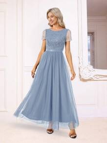 Navy Sequined Beaded Gown - Dusty Blue - View 1