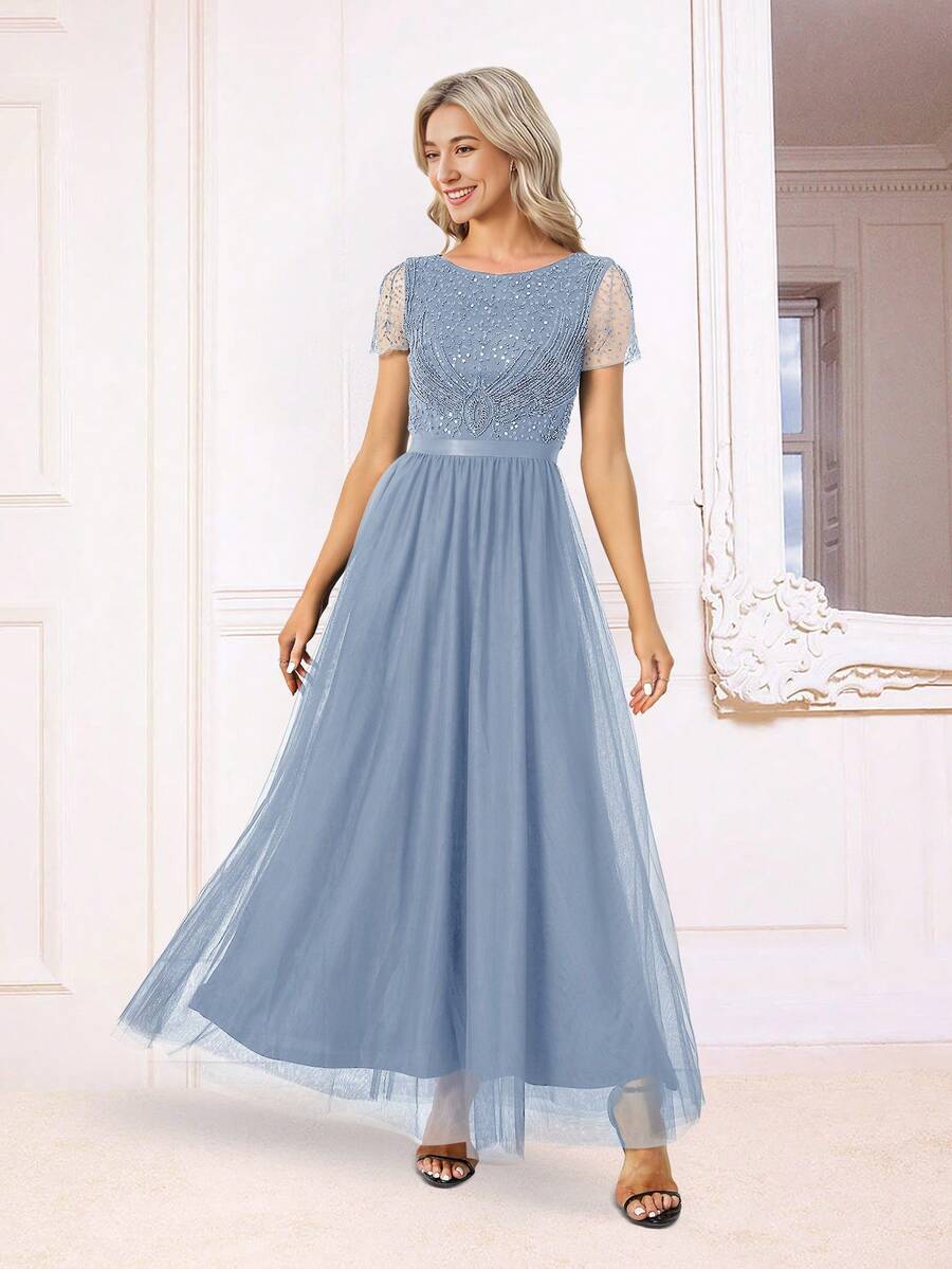 Navy Sequined Beaded Gown - Dusty Blue - View 1