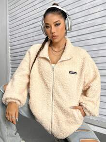 SHEIN Unity Women's Teddy Fleece Regular Jacket With Letter Applique - Apricot - View 5