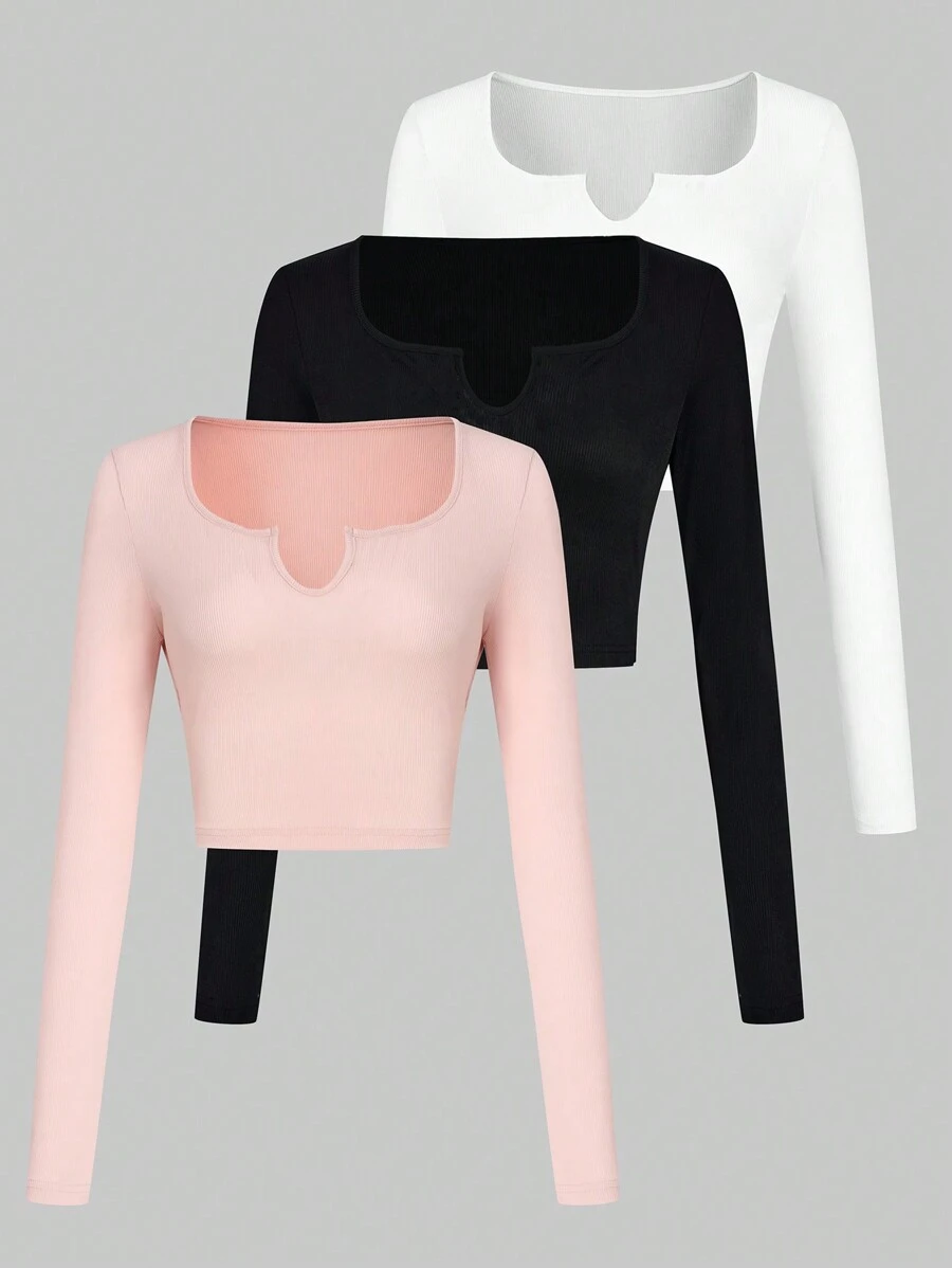 SHEIN Unity 3pcs Đường viền cổ có rãnh Áo phông Crop - Nhiều màu - Xem 1
